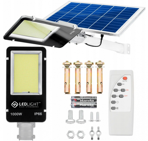 ELECTRONICE - Lampa solara, putere 1000 W, 600 LED-uri, suport pentru perete, stalp, complet rezistenta la fenomene meteo (protectie IP66), telecomanda inclusa, negru