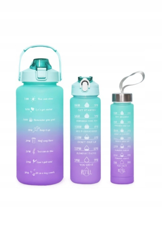 Set 3 sticle de apa, cu pai, 2000 ml / 900 ml / 300 ml, pentru sport, fara BPA, albastru/mov [14]