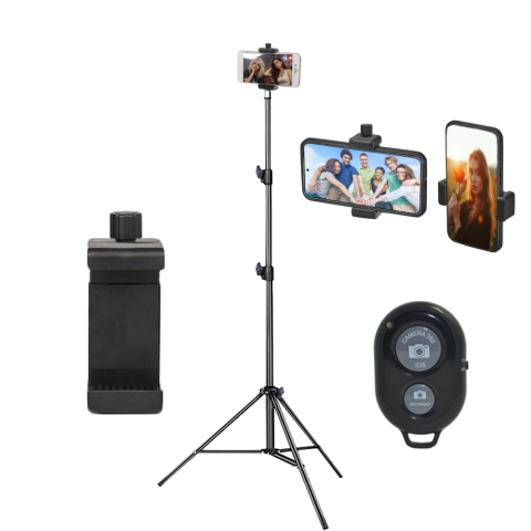 ECHIPAMENTE FOTO - Set trepied 180 cm aluminiu negru cu suport telefon reglabil 5.5–10 cm si telecomanda bluetooth, 3 segmente, filet 1/4, stabil 3 kg