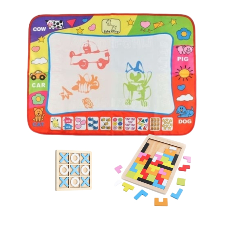 Jucarii de precizie - Pachet educativ pentru copii – covoras de desen cu apa, puzzle Tetris si joc X si 0 din lemn