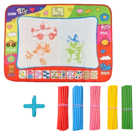 JOCURI ȘI JUCĂRII - Covoras magic de desen cu apa pentru copii si 100 betisoare colorate din lemn, set educativ reutilizabil pentru invatare si joaca