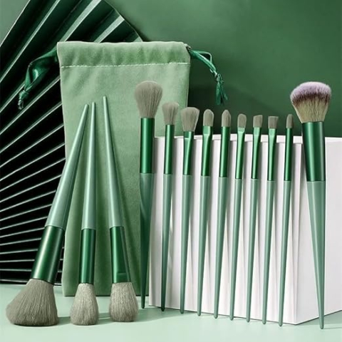 Set 13 pensule pentru machiaj, sintetice, maner plastic, soft, portabil, husa inclusa, verde [12]