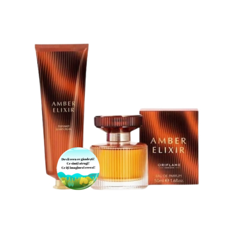 Set Ingrijire femei - Set complet pentru Ea Amber Elixir (apa de parfum, crema de maini), insotit de insigna Dactylion cu mesaj motivational