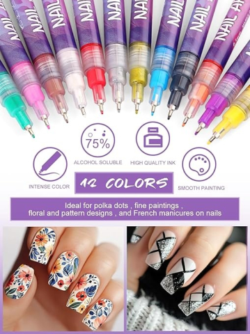 Set 12 markere acrilice pentru unghii, varf fin 0.5 mm, nail art, manichiura DIY, uscare rapida, 13 x 10 cm, multicolor [1]