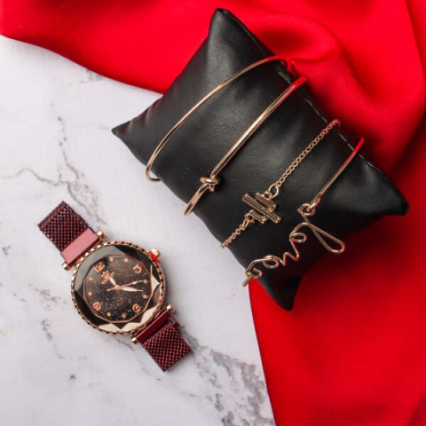 Set bijuterii dama, ceas, 4 bratari, curea magnetica, rosu/auriu [4]