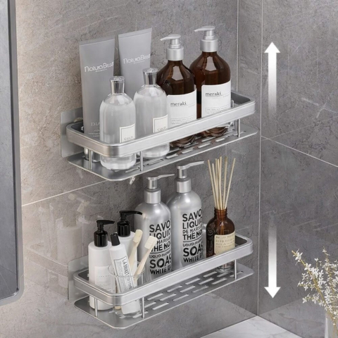 Set 2 rafturi autoadezive, pentru baie si bucatarie, design minimalist, otel inoxidabil, 30.5 x 13 x 5.5 cm, argintiu [13]