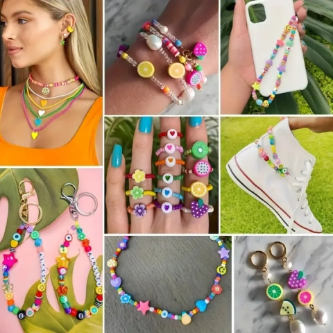 Set creatie bijuterii pentru copii, bratari, cercei, coliere, 480 margele, 24 modele, 2 role snur, 13 x 19 x 2 cm, multicolor [3]