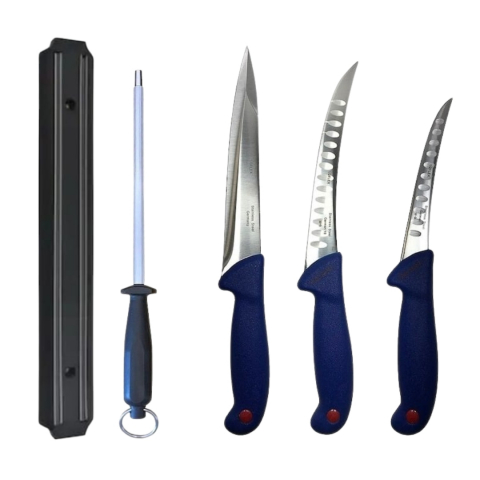 Cutite si tacamuri - Set profesional de macelarie, injunghiat, transat, dezosat, filetat, 3 cutite otel carbon, suport magnetic, masat pentru ascutit