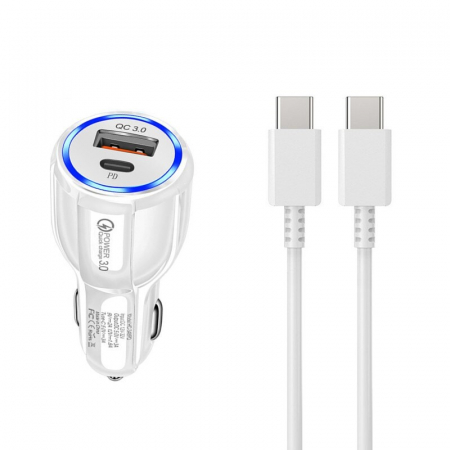 Accesorii auto telefoane - Kit incarcator auto 20W, 12-24V 1x USB,1x type C + cablu incarcare Type C-C 1 m - Alb