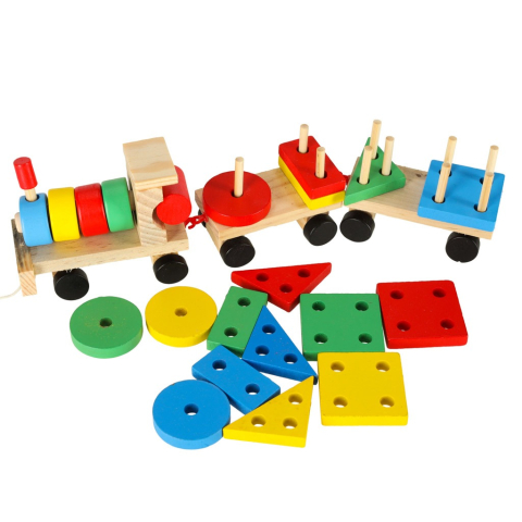 Trenulet de jucarie, locomotiva cu 2 vagoane, lemn, forme geometrice, 30 x 9 x 6 cm, multicolor [5]