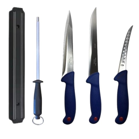 Cutite si tacamuri - Set profesional de macelarie, transat, injunghiat, dezosat, filetat, suport magnetic, masat pentru ascutit, 3 cutite otel carbon