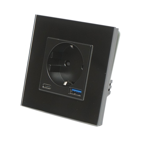 Diverse - Priza simpla, tip Schuko, cu USB-A si USB-C, incarcare rapida 20 W, rama din sticla, 8.6 x 8.6 x 3.4 cm, negru