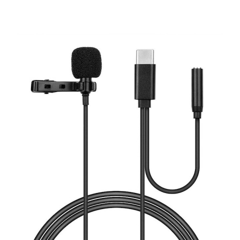 ECHIPAMENTE FOTO - Microfon tip lavaliera, cu fir, Type-C - Jack 3.5 mm, lungime cablu 1.5 m, negru