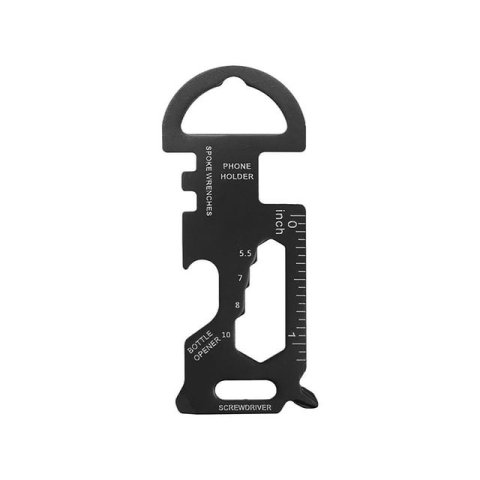 Breloc multifunctional din otel inoxidabil, suport telefon, surubelnita, rigla, desfacator sticle, pentru camping si drumetii, negru, 3 x 7 cm [1]