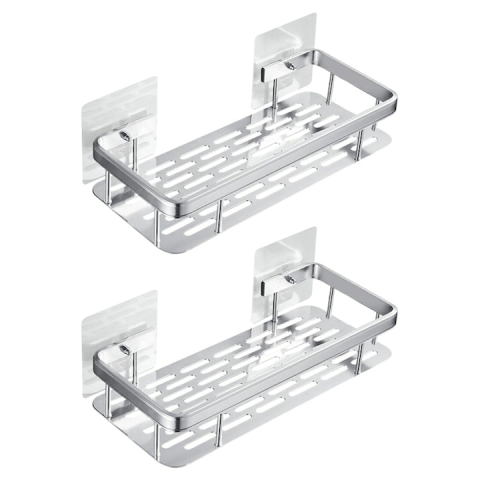 Casa - Set 2 rafturi autoadezive, pentru baie si bucatarie, design minimalist, otel inoxidabil, 30.5 x 13 x 5.5 cm, argintiu