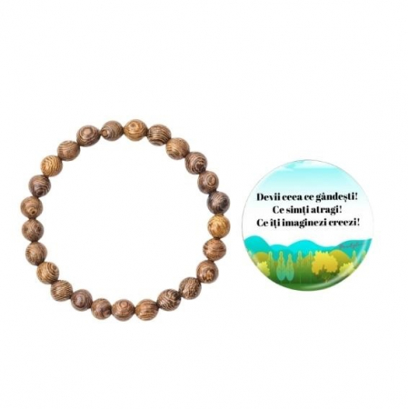 CADOURI - Set cadou format din bratara elastica de lemn unisex 25 cm si insigna Dactylion cu mesaj motivational