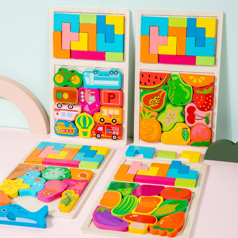Joc tetris pentru copii, puzzle educativ, masini, lemn, 21 piese, Montessori, multicolor, 28.5 x 17 x 1.2 cm [1]
