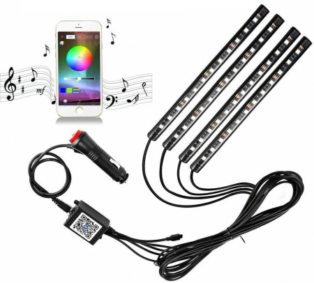 Lumini auto - Kit 4 Lumini auto ambientale, 12V, cu aplicatie Bluetooth pe telefon - Multicolor