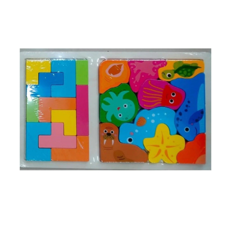 Joc puzzle, tip tetris, pentru copii, 2 in 1, animale marine, Montessori, lemn, 28.5 x 17 cm, multicolor [2]