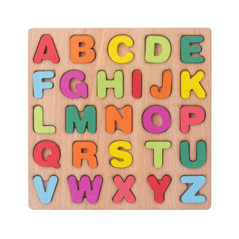 JOCURI ȘI JUCĂRII - Tabla pentru copii, invatare alfabet, puzzle Montessori, 26 litere, lemn, 20 x 20 cm, multicolor