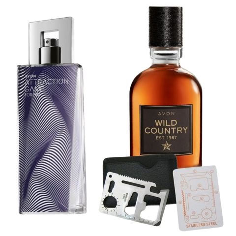 Set Ingrijire barbati - Set apa de toaleta Attraction Game pentru El 75 ml, apa de toaleta Wild Country 75 ml, card multifunctional de supravietuire, otel inoxidabil
