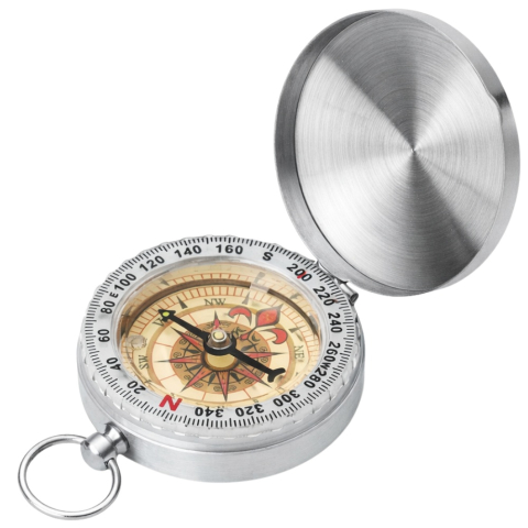 SPORT ȘI ACTIVITĂȚI - Busola pentru camping, drumetii, fosforescenta, metalica, inel pentru breloc, 6 x 1.5 cm, argintiu