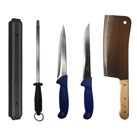 Cutite si tacamuri - Set profesional de macelarie, injunghiat, filetat, feliat, 2 cutite, masat pentru ascutit, satar, suport magnetic