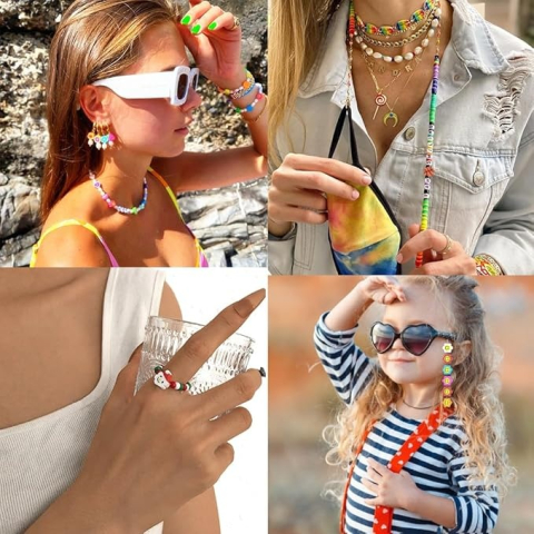 Set creatie bijuterii pentru copii, bratari, cercei, coliere, 480 margele, 24 modele, 2 role snur, 13 x 19 x 2 cm, multicolor [7]