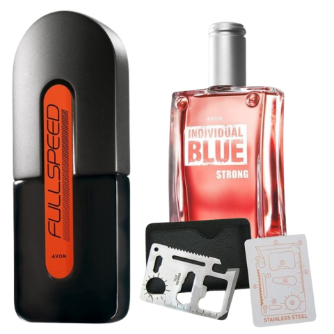 Set Ingrijire barbati - Set apa de toaleta Full Speed 75 ml, apa de toaleta Individual Blue Strong 100 ml, card multifunctional de supravietuire, otel inoxidabil