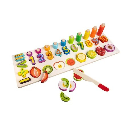 Jucării Interactive - Joc educativ sortator din lemn cu numere si fructe de taiat magnetice pentru copii - Multicolor