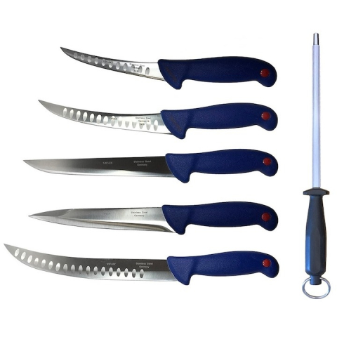 Cutite si tacamuri - Pachet profesional pentru macelarie, dezosat, injunghiat, transat filetat, 5 cutite, masat pentru ascutit