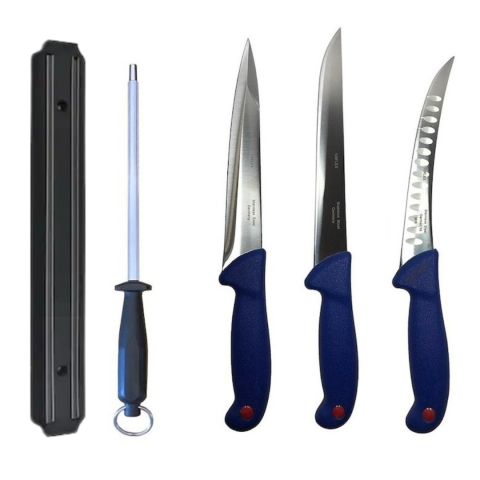Cutite si tacamuri - Set profesional de macelarie, filetat, transat, injunghiat, dezosat, otel carbon, 3 cutite, masat pentru ascutit, suport magnetic