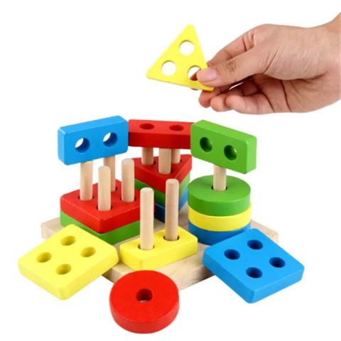 Jucarie educativa pentru copii, Montessori, sortare forme geometrice, 16 piese, 3+ ani, lemn, 12 x 12 x 5 cm, multicolor [13]