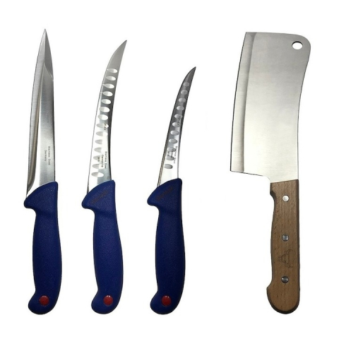 Cutite si tacamuri - Set profesional de macelarie, injunghiat, transat, dezosat, filetat, 3 cutite otel carbon, satar