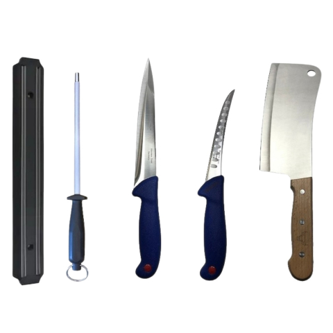 Cutite si tacamuri - Set profesional de macelarie, injunghiat, transat, filetat, dezosat, 2 cutite, masat pentru ascutit, satar, suport magnetic