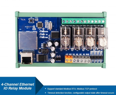 Modul releu 4 canale Ethernet Input/Output; alimentare 24V DC; Port Comunicatie Ethernet RJ45; protocol Modbus TCP; suport montare pe sina; ABS; multicolor; extensie pentru PLC. [2]