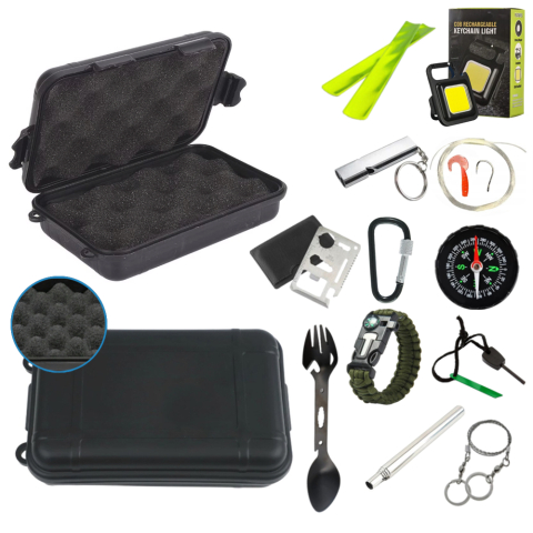 SPORT ȘI ACTIVITĂȚI - Kit supravietuire multifunctional outdoor 14 accesorii cutie etansa ABS 18x11x5 cm IP54 negru camping urgente