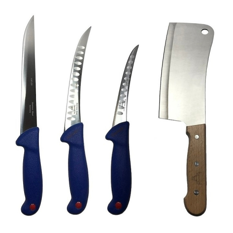 Cutite si tacamuri - Set profesional de macelarie, dezosat, injunghiat, transat, filetat, satar, 3 cutite otel carbon