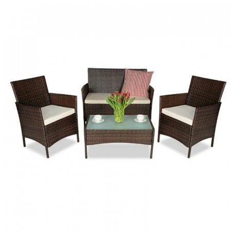Set mobilier complet de gradina din 4 piese,2 fotolii, 1 canapea,1 masuta - Maro [1]