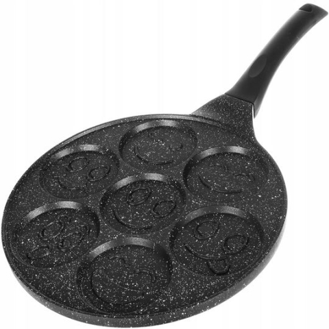 CASA & GRADINA - Tigaie pentru clatite, 7 forme cu fete amuzante, aluminiu/otel inoxidabil, diametru forma 6.5 cm, dimensiune tigaie 26 cm, negru