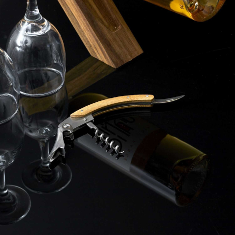 Tirbuson multifunctional, cutit, desfacator sticle, metalic, maner de bambus, maro [2]