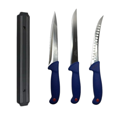 Cutite si tacamuri - Set profesional de macelarie, filetat, transat, injunghiat, dezosat, otel carbon, 3 cutite, suport magnetic