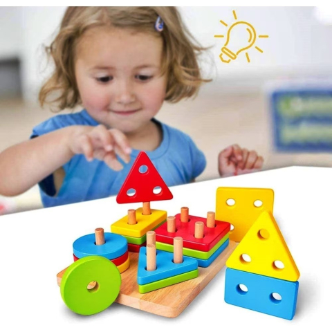 Jucarie educativa pentru copii, Montessori, sortare forme geometrice, 16 piese, 3+ ani, lemn, 12 x 12 x 5 cm, multicolor [6]