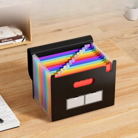 Mapa pentru documente A4 cu 25 compartimente, organizator portabil cu etichete multicolore, capacitate mare, polipropilena rezistenta, 24 x 33 x 3 cm, negru [11]