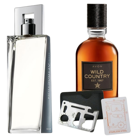 Set Ingrijire barbati - Set apa de toaleta Attraction pentru El 75 ml, apa de toaleta Wild Country 75 ml, card multifunctional de supravietuire, otel inoxidabil