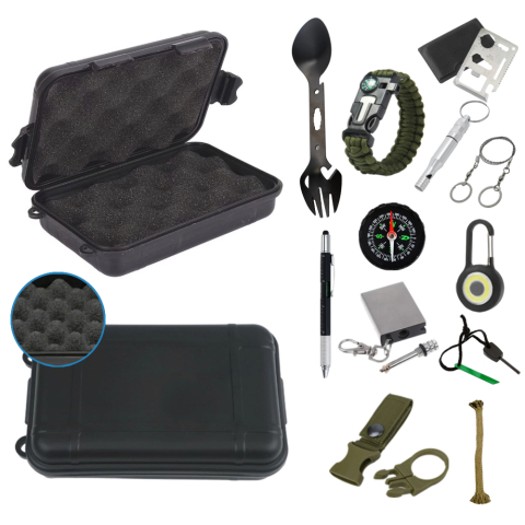 Kit supravietuire multifunctional outdoor Marimea M 12 unelte cutie etansa ABS 18x11x5 cm IP54 camping urgente drumetii portabil