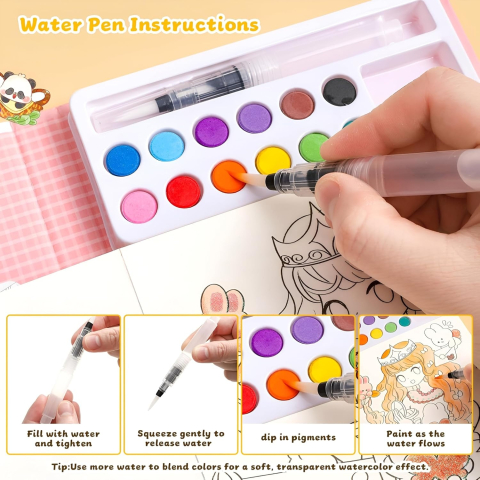 Carte de colorat cu acuarele pentru copii, model printesa, 12 culori, pensula cu apa, 20 foi carton, 15.7 x 18.8 x 1.8 cm, roz [4]