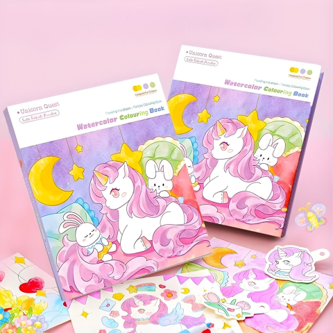 Carte de colorat cu acuarele pentru copii, model unicorn, 12 culori, pensula reutilizabila cu apa, 20 foi carton, 15.7 x 18.8 x 1.8 cm, mov [6]