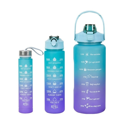 Diverse bucatarie - Set 3 sticle de apa, cu pai, 2000 ml / 900 ml / 300 ml, pentru sport, fara BPA, albastru/mov