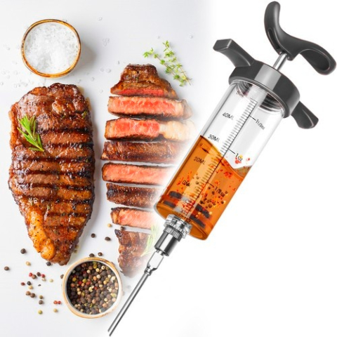 Seringa pentru injectare carne, 3 ace diferite, capacitate 50 ml, reutilizabila, gradata, plastic, otel inoxidabil, 7.7 x 23 x 3.5 cm, gri [8]